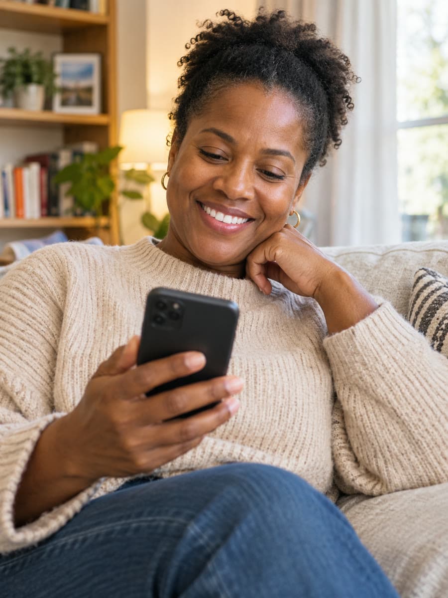 Patient checking her health on her phone at home