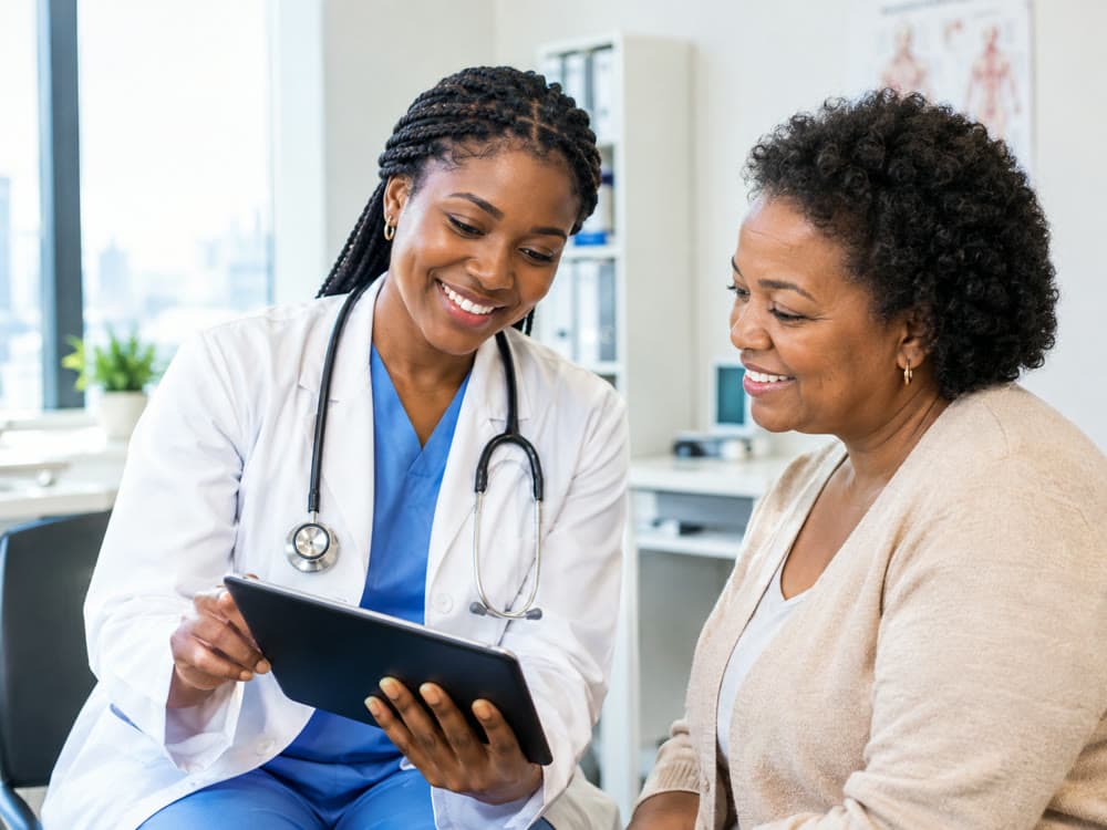 A doctor showing a patient her records on a tablet